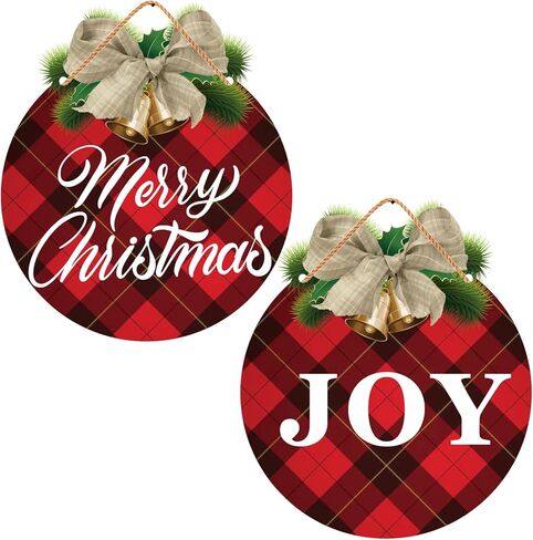 قطعتان من زينة لافتة باب عيد الميلاد - علامة عيد ميلاد سعيد منقوشة بافلو وعلامة الفرح لعطلة ريفية ونافذة باب المزرعة وديكورات داخلية وخارجية in Kuwait