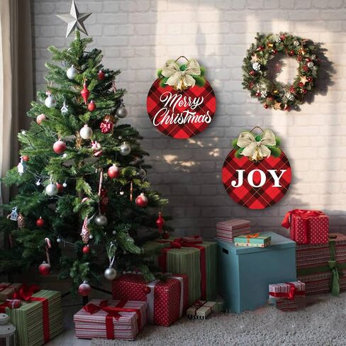 قطعتان من زينة لافتة باب عيد الميلاد - علامة عيد ميلاد سعيد منقوشة بافلو وعلامة الفرح لعطلة ريفية ونافذة باب المزرعة وديكورات داخلية وخارجية in Kuwait