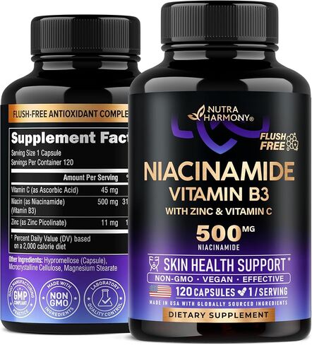 Niacinamide 500 mg - فيتامين B3 مكمل النياسيناميد الخالي من الاحمرار - بشرة صحية صافية ودعم مضاد للأكسدة - مع الزنك وفيتامين C - تم اختباره معمليًا، نباتي وغير معدل وراثيًا - صنع في الولايات المتحدة الأمريكية - 120 كبسولة in Kuwait