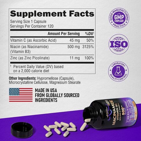 Niacinamide 500 mg - فيتامين B3 مكمل النياسيناميد الخالي من الاحمرار - بشرة صحية صافية ودعم مضاد للأكسدة - مع الزنك وفيتامين C - تم اختباره معمليًا، نباتي وغير معدل وراثيًا - صنع في الولايات المتحدة الأمريكية - 120 كبسولة in Kuwait