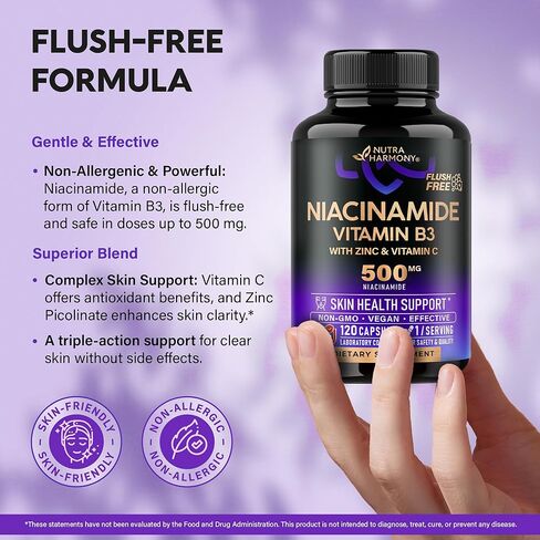 Niacinamide 500 mg - فيتامين B3 مكمل النياسيناميد الخالي من الاحمرار - بشرة صحية صافية ودعم مضاد للأكسدة - مع الزنك وفيتامين C - تم اختباره معمليًا، نباتي وغير معدل وراثيًا - صنع في الولايات المتحدة الأمريكية - 120 كبسولة in Kuwait