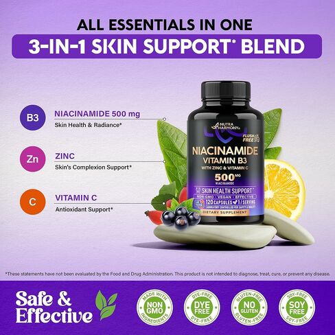 Niacinamide 500 mg - فيتامين B3 مكمل النياسيناميد الخالي من الاحمرار - بشرة صحية صافية ودعم مضاد للأكسدة - مع الزنك وفيتامين C - تم اختباره معمليًا، نباتي وغير معدل وراثيًا - صنع في الولايات المتحدة الأمريكية - 120 كبسولة in Kuwait