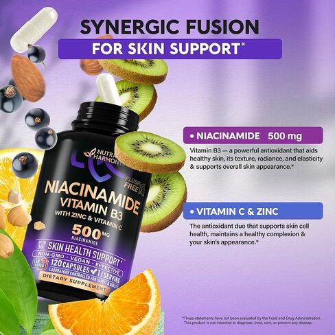 Niacinamide 500 mg - فيتامين B3 مكمل النياسيناميد الخالي من الاحمرار - بشرة صحية صافية ودعم مضاد للأكسدة - مع الزنك وفيتامين C - تم اختباره معمليًا، نباتي وغير معدل وراثيًا - صنع في الولايات المتحدة الأمريكية - 120 كبسولة in Kuwait