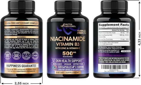 Niacinamide 500 mg - فيتامين B3 مكمل النياسيناميد الخالي من الاحمرار - بشرة صحية صافية ودعم مضاد للأكسدة - مع الزنك وفيتامين C - تم اختباره معمليًا، نباتي وغير معدل وراثيًا - صنع في الولايات المتحدة الأمريكية - 120 كبسولة in Kuwait