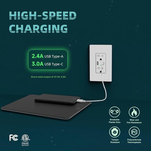منفذ وعاء USB، منافذ شاحن حائط USB C/A عالية السرعة 4.8 أمبير، مقبس حائط مقاوم للعبث بقدرة 20 أمبير، لوحة حائط بدون براغي متضمنة، قائمة ETL، أبيض in Saudi Arabia