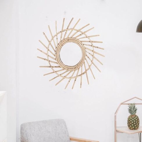 مرآة تعليق فنية مبتكرة من الروطان، مرآة تزيين حائط من الصفصاف، ديكور حائط معلق بوهيمي، مرآة زخرفية مثبتة على الحائط منسوجة يدويًا لغرفة النوم، الفندق، غرفة الطعام، الحمام in Kuwait