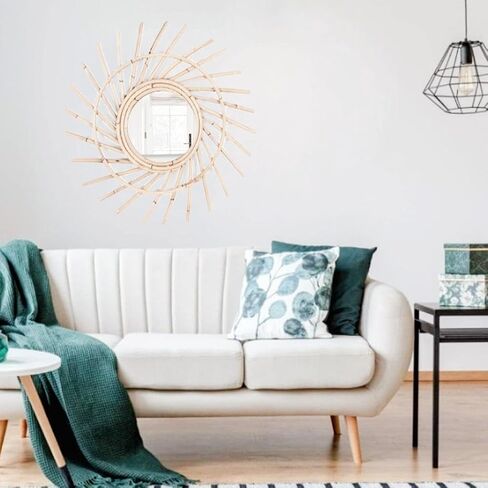 مرآة تعليق فنية مبتكرة من الروطان، مرآة تزيين حائط من الصفصاف، ديكور حائط معلق بوهيمي، مرآة زخرفية مثبتة على الحائط منسوجة يدويًا لغرفة النوم، الفندق، غرفة الطعام، الحمام in Kuwait