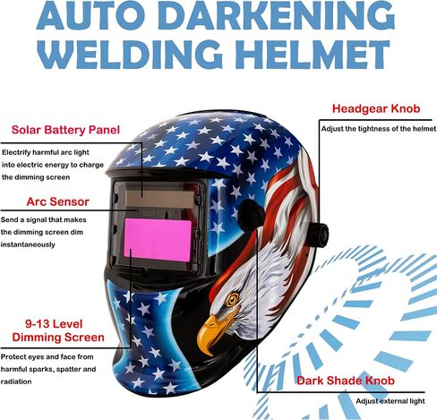 Welding Helmet Auto Darkening : BESTCLUB Solar Powered Hood with Adjustable Shade Range 4/9-13 for Mig Tig Arc Welder Mask (Flag Eagle) in Kuwait
