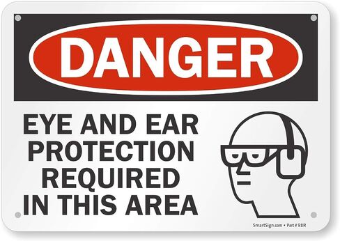 SmartSign 7 × 10 بوصة "خطر - حماية العين والأذن مطلوبة في هذه المنطقة" لافتة OSHA، 55 مل من بلاستيك HDPE، أحمر، أسود وأبيض، صنع في الولايات المتحدة الأمريكية in Saudi Arabia