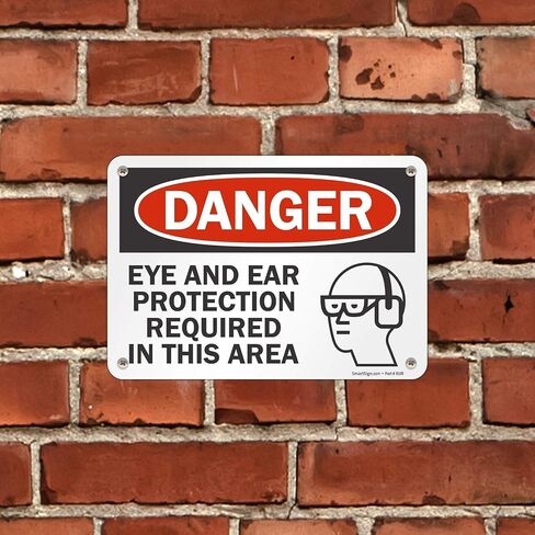 SmartSign 7 × 10 بوصة "خطر - حماية العين والأذن مطلوبة في هذه المنطقة" لافتة OSHA، 55 مل من بلاستيك HDPE، أحمر، أسود وأبيض، صنع في الولايات المتحدة الأمريكية in Saudi Arabia