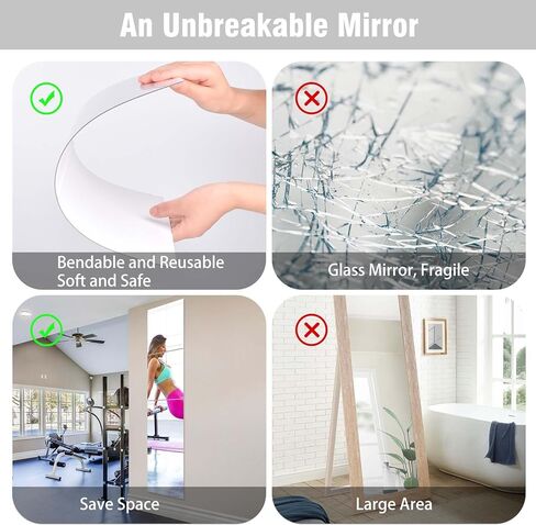 Full Length Wall Mirror Tiles, 11.8"x 15.7" x 4 Pcs Acrylic Mirror Self Adhesive, Safety Shatterproof Mirror Great for Baby Kids Toddler, Full Body Mirror Tiles for Bedroom, Home Gym, Living Room in Kuwait