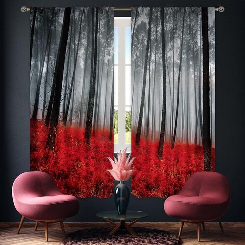 Cinbloo Black Red Japanese Cherry Blossom Curtains 52Wx84H Inch Rod Pocket Asian Anime Chinese Watercolor Mountain Sun Aesthetic Art Printed Living Room Bedroom Window Drapes Treatment Fabric 2 Panels in Saudi Arabia