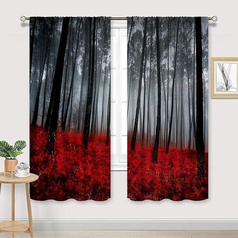Cinbloo Black Red Japanese Cherry Blossom Curtains 52Wx84H Inch Rod Pocket Asian Anime Chinese Watercolor Mountain Sun Aesthetic Art Printed Living Room Bedroom Window Drapes Treatment Fabric 2 Panels in Saudi Arabia