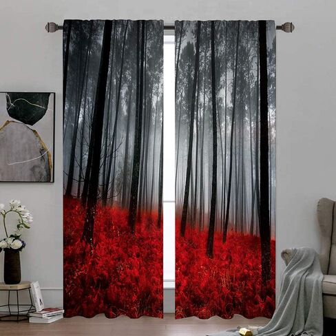 Cinbloo Black Red Japanese Cherry Blossom Curtains 52Wx84H Inch Rod Pocket Asian Anime Chinese Watercolor Mountain Sun Aesthetic Art Printed Living Room Bedroom Window Drapes Treatment Fabric 2 Panels in Saudi Arabia