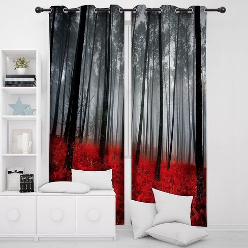 Cinbloo Black Red Japanese Cherry Blossom Curtains 52Wx84H Inch Rod Pocket Asian Anime Chinese Watercolor Mountain Sun Aesthetic Art Printed Living Room Bedroom Window Drapes Treatment Fabric 2 Panels in Saudi Arabia