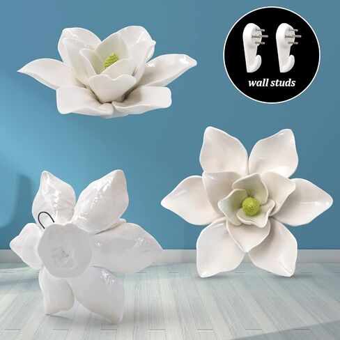 MINYULUA 5.9 Inch White Ceramic Flower Wall Hanging Decoration 3D Artificial Porcelain Magnolia Decor Handmade Wall Art Background for Living Room Home Hallway Bedroom Kitchen House in Saudi Arabia