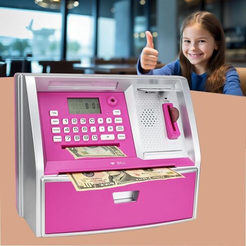 ApgBnk ATM Savings Bank with Debit Card, Electronic Piggy Bank for Real Money, Coin Recognition, Targets Setting, Password Login, Voice Prompt, Great Gift for Boys Girls (Black/Red) in Kuwait