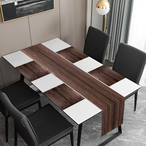 مفرش طاولة ومفارش من الخشب الريفي مكونة من 4 قطع، مفرش طاولة من الخشب البني، مفرش طاولة خشبي قديم لتزيين طاولة الطعام، مفرش طاولة بطول 13 × 72 بوصة و4 مفارش كتان مقاس 18 × 12 بوصة in Kuwait