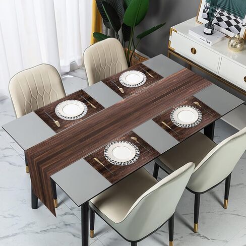 مفرش طاولة ومفارش من الخشب الريفي مكونة من 4 قطع، مفرش طاولة من الخشب البني، مفرش طاولة خشبي قديم لتزيين طاولة الطعام، مفرش طاولة بطول 13 × 72 بوصة و4 مفارش كتان مقاس 18 × 12 بوصة in Kuwait