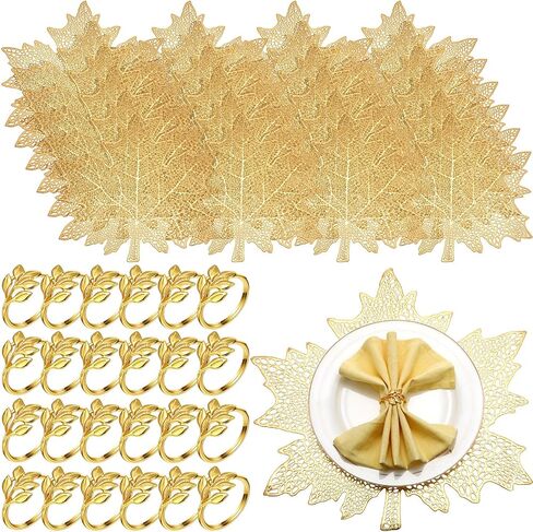 Mifoci 12 Sets Gold Leaf Placemats and Leaf Napkin Rings Round Gold Napkin Rings Hollow Out Fall Placemats for Dinner Table Holiday Thanksgiving Wedding Party Fiesta Accent in Saudi Arabia