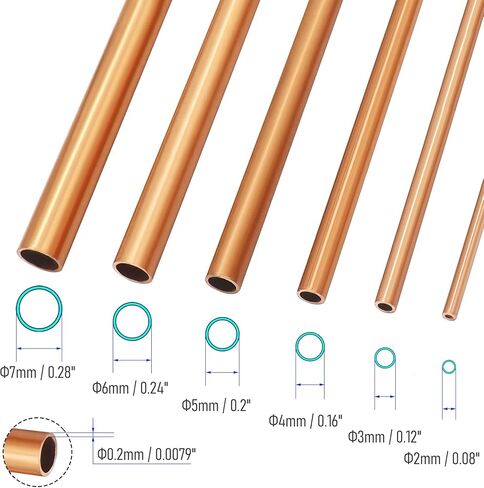 6 PCS 6 Sizes Copper Round Tube Set, 2mm 3mm 4mm 5mm 6mm 7mm OD x 0.2mm Wall Thickness, 300mm Length, Seamless Straight Pipe Tubing in Saudi Arabia
