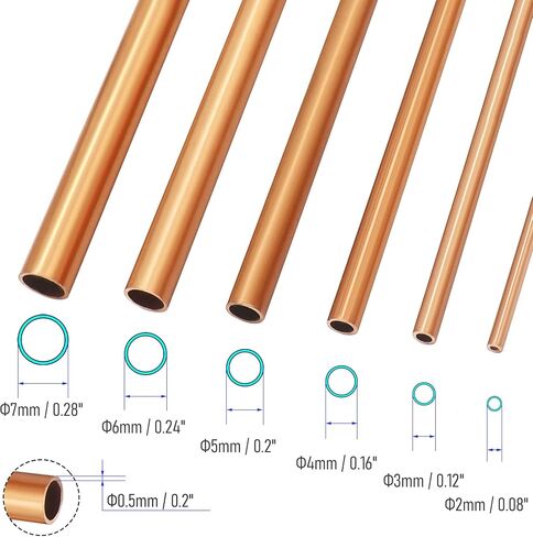 6 PCS 6 Sizes Copper Round Tube Set, 2mm 3mm 4mm 5mm 6mm 7mm OD x 0.2mm Wall Thickness, 300mm Length, Seamless Straight Pipe Tubing in Saudi Arabia