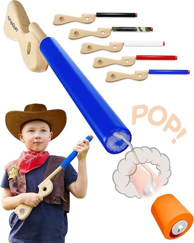 لعبة Blue Toy Pop Gun للأطفال - مسدسات لعبة خشبية للأولاد من سن 3 إلى 7 سنوات - مسدس مزيف بلمسة نهائية من الخشب القوي وغطاء بوبر بلاستيكي - بنادق يدوية ممتعة وألعاب مسدس للأطفال الصغار والكبار - صنع في الولايات المتحدة الأمريكية in Kuwait