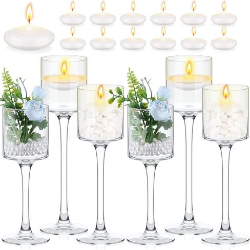 6 قطع من حامل الشموع العائمة الطويلة من هافاويش حامل شموع زجاجية شفافة مع 12 شمعة بيضاء عائمة لإعدادات طاولة الطعام المركزية لحفلات الزفاف، 3 أحجام in Kuwait