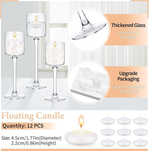 6 قطع من حامل الشموع العائمة الطويلة من هافاويش حامل شموع زجاجية شفافة مع 12 شمعة بيضاء عائمة لإعدادات طاولة الطعام المركزية لحفلات الزفاف، 3 أحجام in Kuwait
