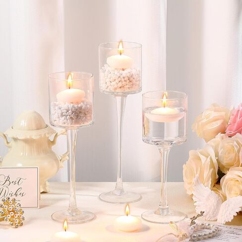 6 قطع من حامل الشموع العائمة الطويلة من هافاويش حامل شموع زجاجية شفافة مع 12 شمعة بيضاء عائمة لإعدادات طاولة الطعام المركزية لحفلات الزفاف، 3 أحجام in Kuwait