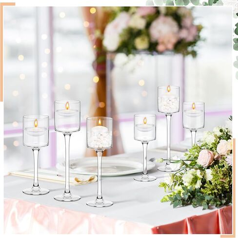 6 قطع من حامل الشموع العائمة الطويلة من هافاويش حامل شموع زجاجية شفافة مع 12 شمعة بيضاء عائمة لإعدادات طاولة الطعام المركزية لحفلات الزفاف، 3 أحجام in Kuwait