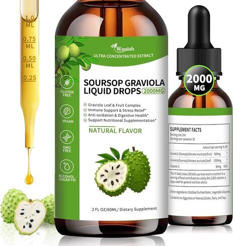 قطرات سائل Soursop Graviola 2000 مجم، سائل امتصاص 98% لدعم الخلايا وتجديدها، تعزيز المناعة، الكبد والنوم، فوائد عشبية، خالي من السكر/الجلوتين، نكهة طبيعية، 2 أونصة سائلة in Kuwait