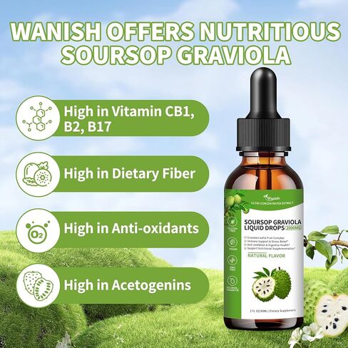 قطرات سائل Soursop Graviola 2000 مجم، سائل امتصاص 98% لدعم الخلايا وتجديدها، تعزيز المناعة، الكبد والنوم، فوائد عشبية، خالي من السكر/الجلوتين، نكهة طبيعية، 2 أونصة سائلة in Kuwait