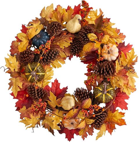 Nearly Natural 26in. Fall Pumpkin, Gourd, Pinecone and Maple Leaf Artificial Autumn Wreath in Saudi Arabia