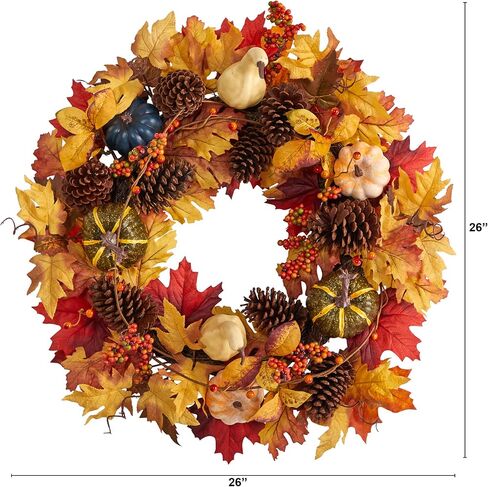 Nearly Natural 26in. Fall Pumpkin, Gourd, Pinecone and Maple Leaf Artificial Autumn Wreath in Saudi Arabia