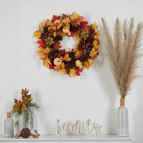 Nearly Natural 26in. Fall Pumpkin, Gourd, Pinecone and Maple Leaf Artificial Autumn Wreath in Saudi Arabia