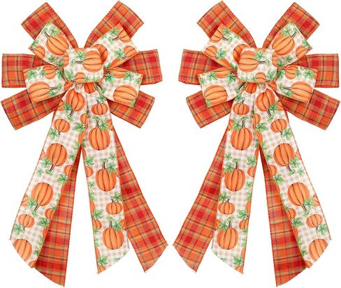 Thanksgiving Decorations Fall Wreath Bow - Orange Pumpkin Burlap Buffalo Plaid Bow Tree Topper Fall Thanksgiving Front Door Wreath Home Indoor Outdoor Decor(Thanksgiving Pumpkin) in Saudi Arabia