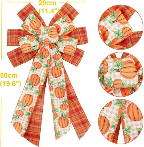 Thanksgiving Decorations Fall Wreath Bow - Orange Pumpkin Burlap Buffalo Plaid Bow Tree Topper Fall Thanksgiving Front Door Wreath Home Indoor Outdoor Decor(Thanksgiving Pumpkin) in Saudi Arabia