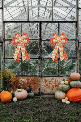Thanksgiving Decorations Fall Wreath Bow - Orange Pumpkin Burlap Buffalo Plaid Bow Tree Topper Fall Thanksgiving Front Door Wreath Home Indoor Outdoor Decor(Thanksgiving Pumpkin) in Saudi Arabia