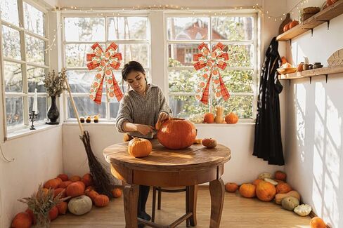 Thanksgiving Decorations Fall Wreath Bow - Orange Pumpkin Burlap Buffalo Plaid Bow Tree Topper Fall Thanksgiving Front Door Wreath Home Indoor Outdoor Decor(Thanksgiving Pumpkin) in Saudi Arabia