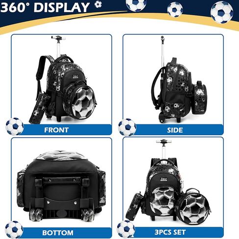 حقيبة ظهر متدحرجة مع عجلات للأولاد من Meetbelify حقائب ظهر متدحرجة مع علبة غداء مقلمة لطلاب المرحلة الابتدائية وحقيبة سفر لأمتعة كرة القدم للأولاد 6-8 in Kuwait