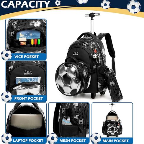 حقيبة ظهر متدحرجة مع عجلات للأولاد من Meetbelify حقائب ظهر متدحرجة مع علبة غداء مقلمة لطلاب المرحلة الابتدائية وحقيبة سفر لأمتعة كرة القدم للأولاد 6-8 in Kuwait