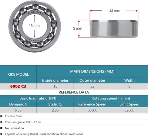 XiKe 6002-C3 محمل كروي ذو أخدود عميق 15x32x9 ملم، مفتوح، محمل كروي مكون من قطعتين in Saudi Arabia