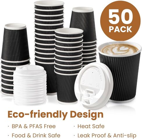 Fit Meal Prep [50 Pack 12 oz Insulated Ripple Triple Wall Paper Coffee Cups with White Lids, Premium Disposable, Black To Go Anti Slip for Hot Beverages, Travel, Home, Office in Saudi Arabia