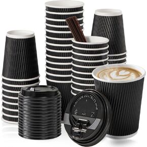 Fit Meal Prep [50 Pack 12 oz Insulated Ripple Triple Wall Paper Coffee Cups with White Lids, Premium Disposable, Black To Go Anti Slip for Hot Beverages, Travel, Home, Office