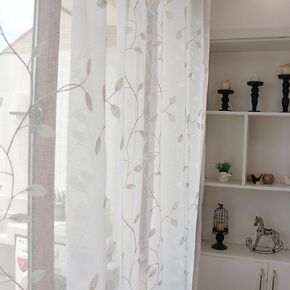SLOW SOUL Set of 2 Panels White Leaves Sheer Curtains French Door Curtains Semi Sheer Leaf Embroidered Curtains & Drapes for Bedroom Living Room Rod Pocket 52W X 72L inch