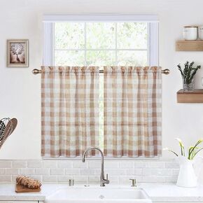 CAROMIO Buffalo Plaid Kitchen Curtains, Checkered Small Curtain Cafe Tiers Tiers Light Filtering Curtains for Home Cafe Kitchen Bedroom Window, 26" W x 36" L, Tan/White, 2 Pieces