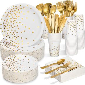 White & Rose Gold Party Supplies - 350 PCS Disposable Dinnerware Set with Paper Plates Napkins Cups, Plastic Forks Knives Spoon for Women Girls Birthday Graduation Bridal Shower Engagement Wedding