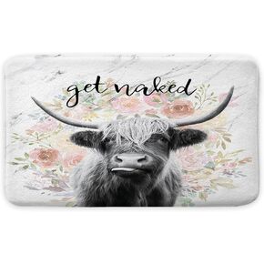 JAWO Get Naked Bath Mat for Bathroom, Farmhouse Highland Cow Bull Non-Slip Bathroom Rug, Farmhouse Bath Mat, Bathroom Accessories 16X24inches