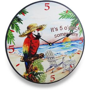 Things2Die4 It's Five O'Clock Somewhere Tropical Parrot Design Wall Clock - 15 Inches in Diameter - Blissful Beach Vibes and Endless Happy Hour Fun for Your Home Decor
